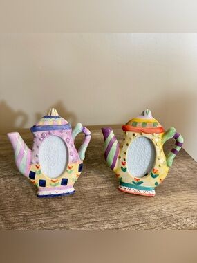 Set of 2 Whimsical Teapot Picture Frames Ceramic Multiprint Holds 1.25x2.5 Photo